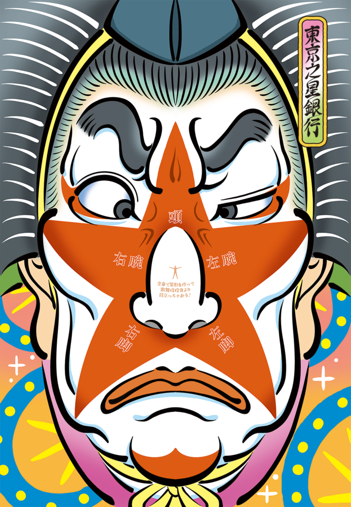歌舞伎風の男性の顔が大きく描かれた浮世絵風イラスト。顔の中央には赤い星型の模様があり、東京スター銀行を想起させる星柄が配してある。