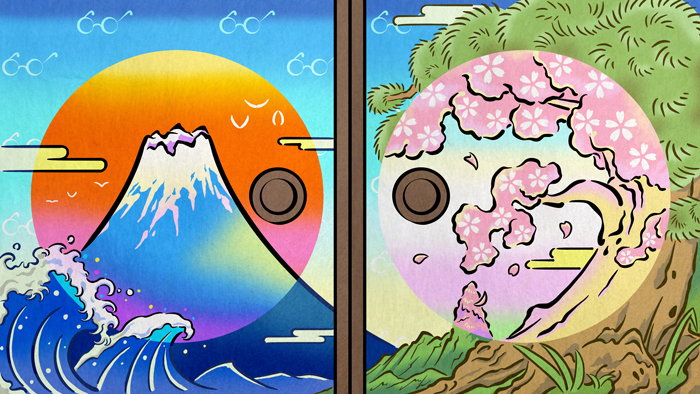 大きな円形の背景に富士山と荒波、満開の桜と松の木を左右に配した浮世絵風の襖絵イラスト。鮮やかなグラデーションで、日本の自然美を象徴的に描いている。