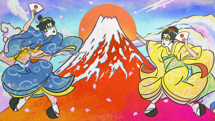 伝統的な浮世絵のスタイルで赤い富士山と太陽と雲が流行の紫色彩で描かれている背景。前面には青と黄色の着物を着た舞妓さんが扇子を振りながら踊っている、どちらも眼鏡をかけている