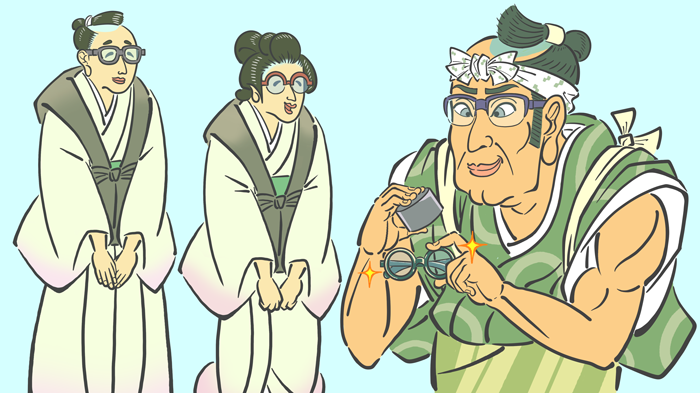 着物を着た男女の店員と眼鏡を研磨石で磨く鉢巻き姿の職人が浮世絵風の見た目で描かれているイラスト